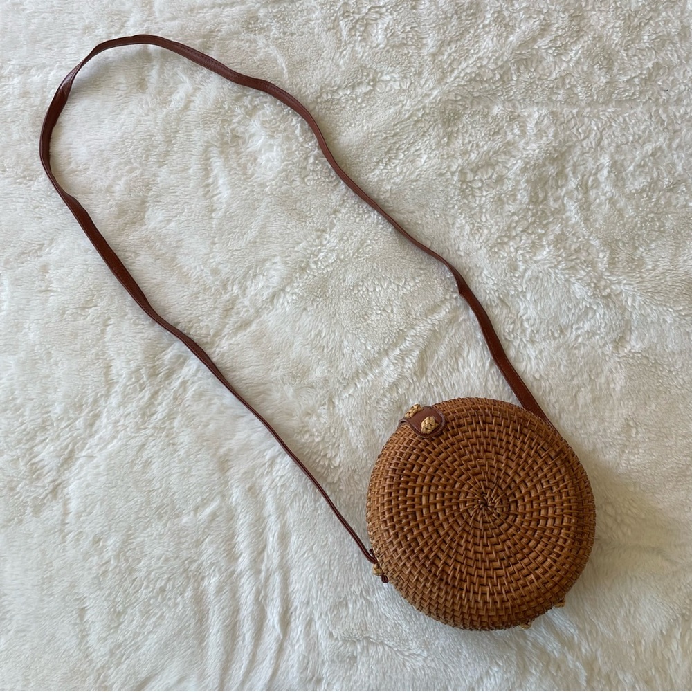 Brown Woven Round Crossbody Bag
